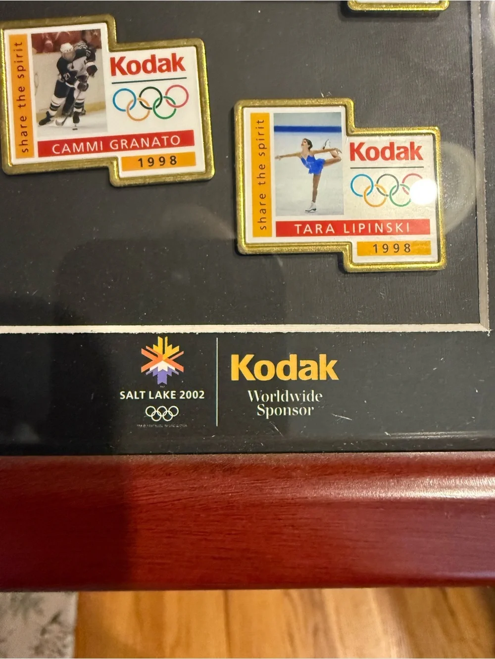 Kodak Winter Olympic Pin Display in Black Mat and Burgundy Frame
